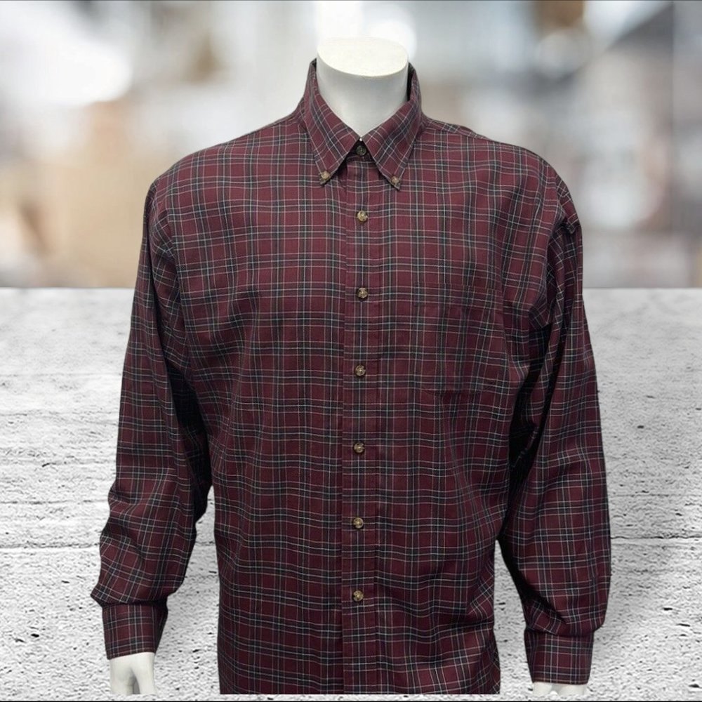 Brooks Brothers Burgundy Black Plaid Traditional Fit Button Down Men's Shirt XL